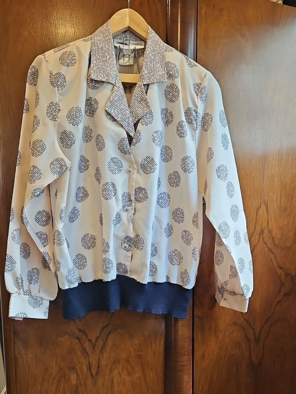 Women's Patterned Polka Dot Blouse - Cream & Navy - Size M